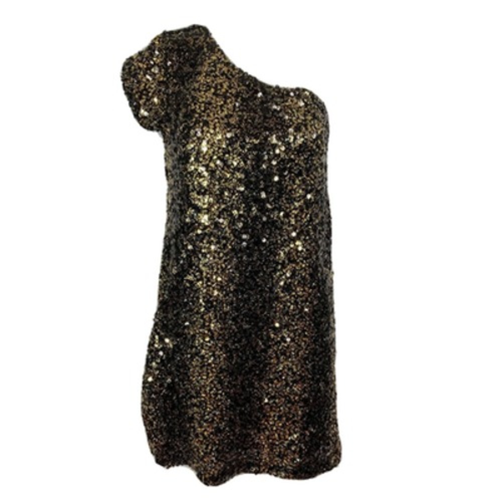 NWT Tinley Road Dress Womens Sz XS Mini Black Gold Sequin One Shoulder